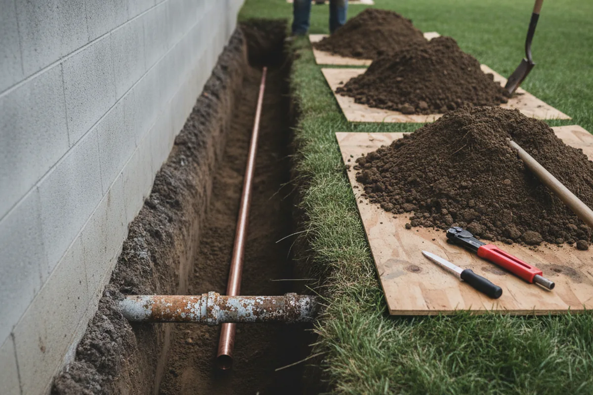 Excavated water line trench during Sewer Line Repair in Newbury Park